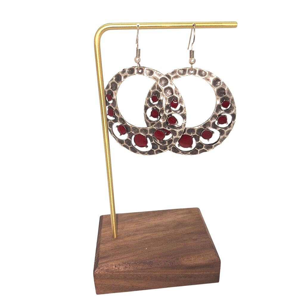 Hoop Earrings Antique Silver Tone Red Stone Accents Fishhook Ear Wires